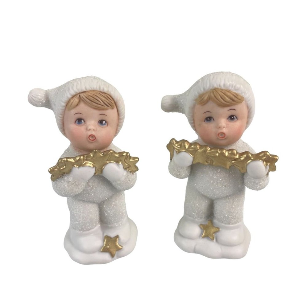 Set of 2 Homco White & Gold Star Snow Baby Figures #5702 Christmas Decor
